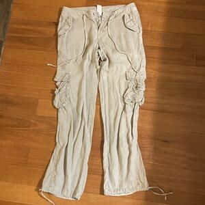Light Beige linen Cargo Pants with Embroidery on hip